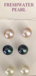 Vintage 3 Pair Freshwater Pearl 9mm Sterling Earrings Pink White & Blue / Green - Picture 1 of 2