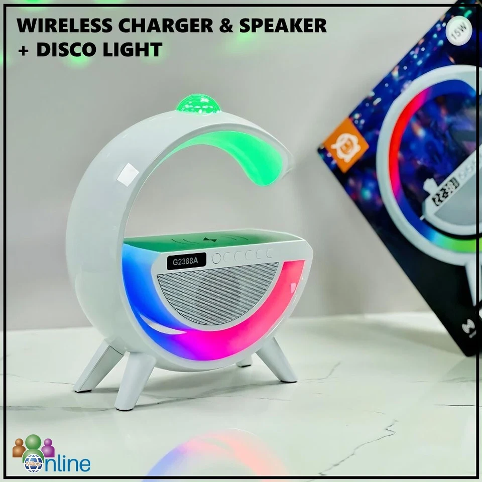 Multi-Feature Disco Bluetooth Speaker with LED Light & Wireless Charger G Shape - Image 1 of 1