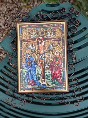 ANCIEN CARREAU CÉRAMIQUE IBERONDENSE ESPAGNE DORÉ PEINT CRUCIFIXION FER FORGÉ  - Photo 1/4