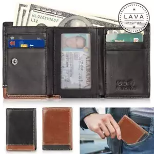 Portafoglio uomo slim vera pelle triplo portafoglio uomo con finestra ID blocco RFID - Foto 1 di 14