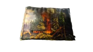 Vintage Tapestry Art 12"x9" Forest Woods Mountains On Fire Smokey - Picture 1 of 7