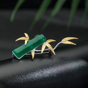 I04 Spilla Bambù Verde Calcedonio Argento Sterling 925 Parti Placcato Oro - Foto 1 di 7