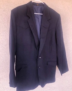 Vtg Pioneer Wear Western Blazer Mens 46 Wool Sport Coat Cowboy Yoke Navy Blue - Picture 1 of 6