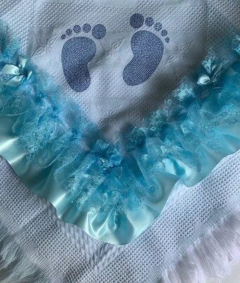 ROMANY BABY SHAWL -  WHITE LACE AND RIBBON WITH SILVER FEET DESIGN - UNISEX - Image 1 of 4