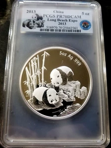 2013 CHINA PANDA 5 OZ SILVER PROOF MINT MEDAL PCGS PR70 LONG BEACH COIN EXPO - Picture 1 of 2