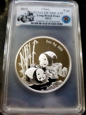 2013 CHINA PANDA 5 OZ SILVER PROOF MINT MEDAL PCGS PR70 LONG BEACH COIN EXPO - Image 1 of 2