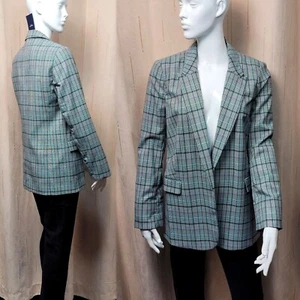 M&S Open Front Relaxed BLAZER Jacket ~ Sizes 10, 12, 14 or 18 ~ GREEN Mix Check - Picture 1 of 9