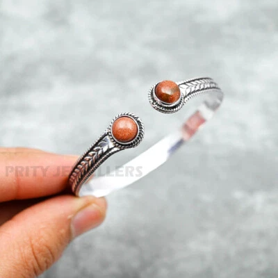 Sunstone Bracelet 925 Sterling Silver Adjustable Handmade Cuff Bangle Jewelry - Image 1 of 4