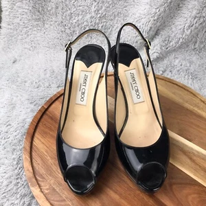 Jimmy Choo Nova 100 Heels EU 38.5/US 8.5 Black Patent Leather Peep Toe Slingback - Picture 1 of 11