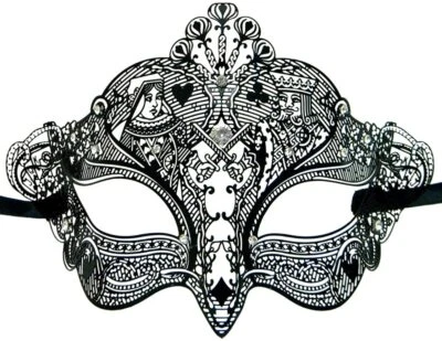 Masquerade Mask Black Metal Poker Card King Queen Venetian Filigree - Image 1 of 4