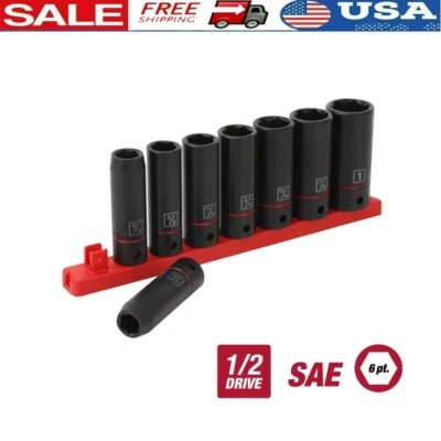 9 Pc 1/2" Deep Drive Impact Socket Set Cr-V Steel SAE Heavy Duty Tools Durable - Image 1 of 4
