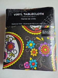 NEW Dia De Los Muertos Black Vinyl Table Cloth Halloween Day Of Dead 60"x102" - Picture 1 of 4