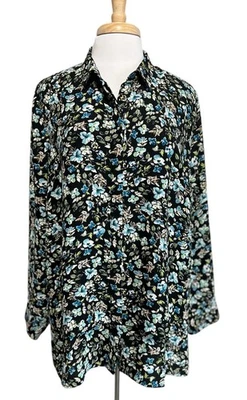 Blusa Top J Jill Para Mujer XLP Negra Azul Floral En Niveles Capa Abotonada L/S Foto 1 de 4
