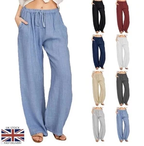 Women Cotton Linen Trousers Straight Leg Casual Loose Summer Slacks Pants Plus - Picture 1 of 15