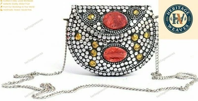 Kleine Größe Meenakari Stein Damen Modisch Handtasche Metall Schultertasche - Bild 1 von 4