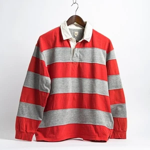 Vintage 90s Red & Grey Striped Rugby Shirt - Size Small/Medium - Picture 1 of 8