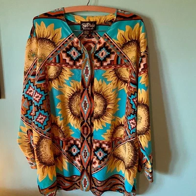 Bob Mackie шелковая рубашка женщин большой желтый цветочный пуговицы ацтеков подсолнухи - Изображение 1 из 4