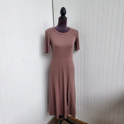 Magaschoni Midi Dress Brown Waffle Knit Belt Slit Classic Stretch Breathable S - Image 1 of 4