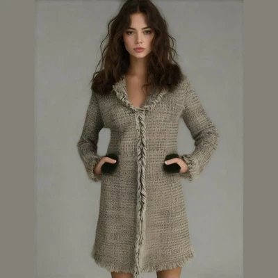 Abrigo Worth NY Verde y Negro Tweed Borde Crudo Elegante Carrera Largo Tejido Mujer Talla 2 Foto 1 de 4