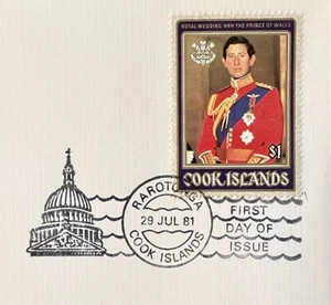KING CHARLES 1981 ROYAL WEDDING TO PRINCESS DIANA COOK ISLAND FIRST DAY COVER - Picture 1 of 3