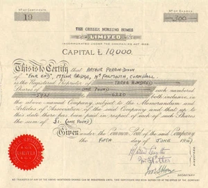 The Cresser Nursing Homes Limited 1947 certificado de stock de Inglaterra - Imagen 1 de 1