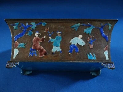 Antique Chinese Bonsai planter Brass and cloisonné Enamel figures China - Image 1 of 4