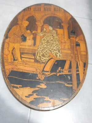 tableau bois pyrogravure scène vénitienne, travail italien ancien - Photo 1/4