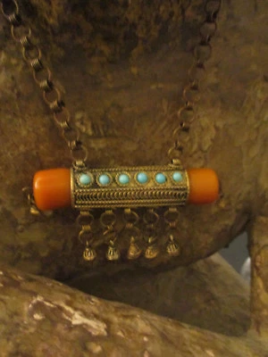 复古 Estate 部落民族西藏装饰悬垂银色和琥珀条项链! — 第 1/4 张图片