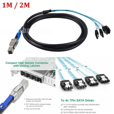 Mini SAS HD SFF-8644 with IC to 4 Ports SATA 7P Straight Hard Drive Cable 1M/2M - Image 1 of 4