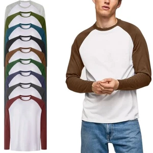 Mens Long Sleeve Baseball T-Shirt Raglan Sleeve Casual Adults Tee Contrast Tops - Picture 1 of 17