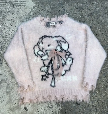 Suéter de piel de conejo motor NCXK conejo naturaleza cuello redondo mullido estampado de lazo L Foto 1 de 4