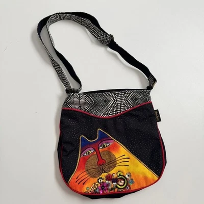 Laurel Burch Cartera Bandolera Gatos Lentejuelas Flores Bolsillos Aztecas Negro Blanco Rojo Foto 1 de 4