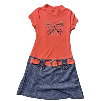 Pink & Violet Butterfly & Denim Dress Girls 7/8 Belted Stretch Orange Bling - Image 1 of 4