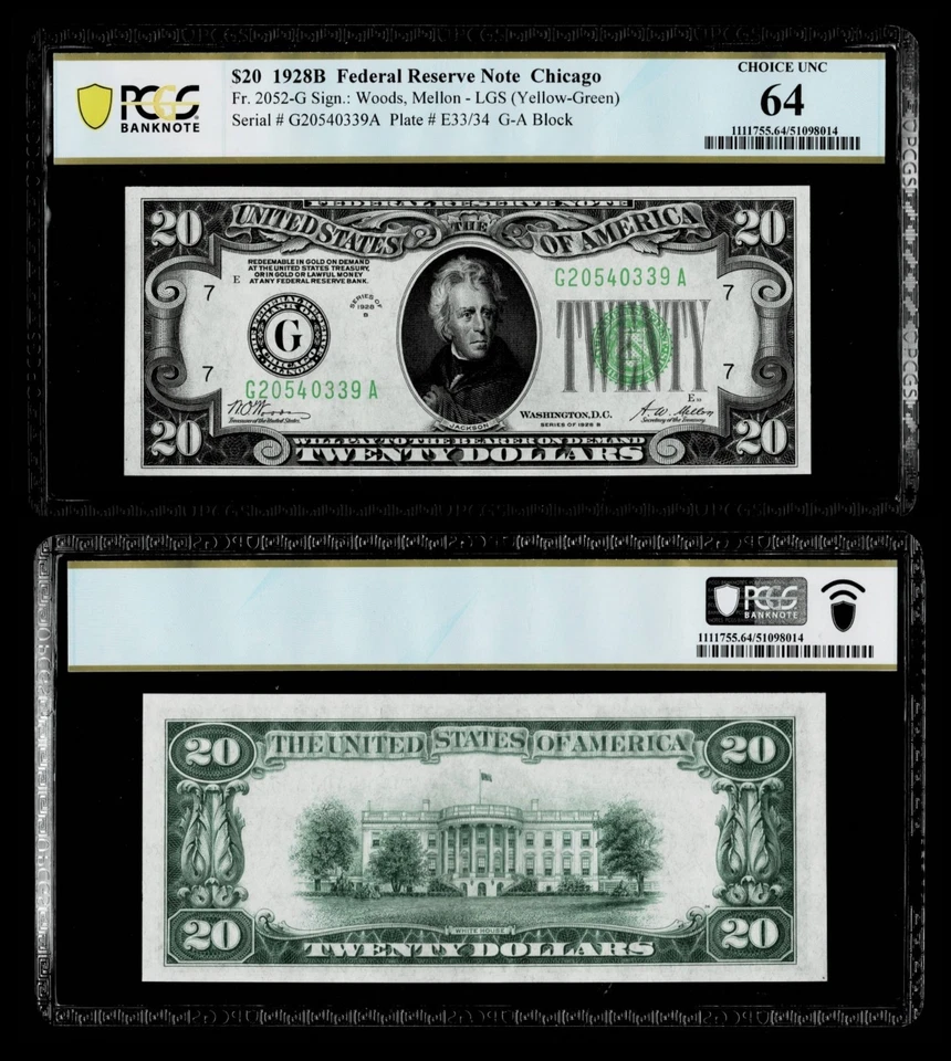Fr#2052-G LGS 1928 B $20 Chicago IL FRN Choice PCGS  Unc 64 - Image 1 of 1