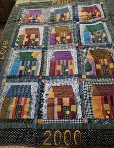 Vtg 2000 House Themed Patchwork Quilt Buttons, Embroidered Words Cute 60" X 50" - Picture 1 of 21
