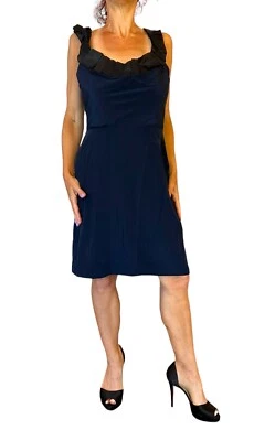 MONIQUE LHUILLIER Navy Cowl Neck Sleeveless Ruffle Silk Mini Sheath Dress M - Image 1 of 4