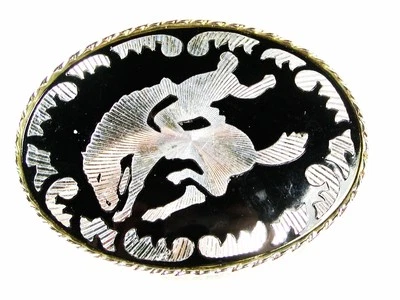 Cowboy Black Silvertone Broncho Busting Belt Buckle By W U.S.A. 32116 - Photo 1/3