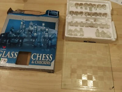 Classic CHESS & Checkers With Glass Board Clear & Frosted Pieces Game Set - Image 1 of 2