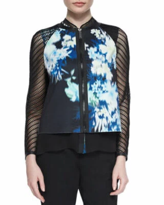 ELIE TAHARI  BLACK FLORAL PANEL MESH SLEEVES LEATHER TRIM FRONT ZIP JACKET 8 - Image 1 of 4