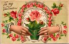 Vintage zu meinem Valentinstag geprägt zweihändig halten Rose Hufeisen 1910er Tuck Postkarte