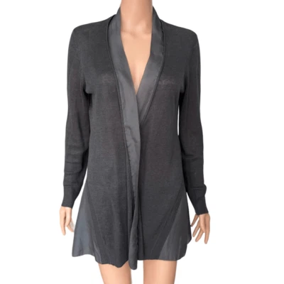 Cárdigan Eileen Fisher mezcla seda/lino gris frente abierto ribete seda talla S Foto 1 de 4