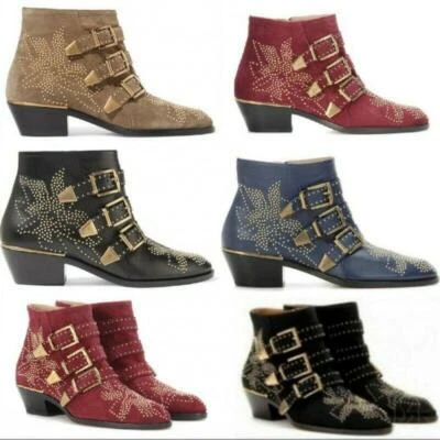 Панк женщины блок каблука лодыжки мотор ботинки с заклепками заклепки круглый носок кожаные туфли  - Изображение 1 из 4