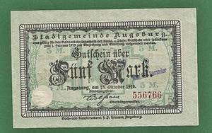 03 115 Notgeld Stadtgemeinde Augsburg 5 Mark, 15.10.1918-1.2.1919, KN rot 6-stel - Picture 1 of 2