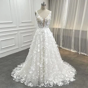 Moderne Brautkleider Damen Braut V-Ausschnitt ärmellos A-LINIE 3D Blumen Applikationen - Bild 1 von 7