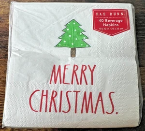 RAE DUNN Merry Christmas White Cocktail Beverage Paper NAPKINS Holly 40 Ct NEW - Picture 1 of 4