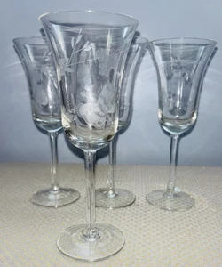 Set Of 4 Toscany Wine Glasses Etched With Butterfly & Flowers Beautiful - Picture 1 of 7