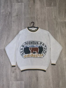 VINTAGE 1980's Adidas Bear Mountain Patrol Knitted Sweatshirt White Tag Medium - Picture 1 of 10