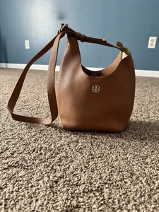 Tory Burch Leather Hobo Bag Pebbled Brown Embossed Logo Shoulder Purse - Picture 1 of 10