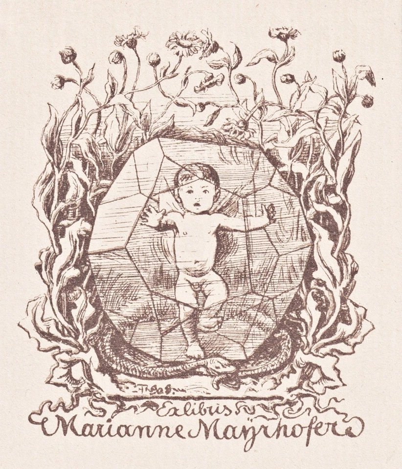 Exlibris Hans Thoma / Marianne Mayrhofer 1920 Lithographie Kind Akt Baby - Bild 1 von 1