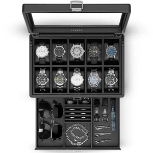 Watch Box 10 Slots, Lockable Watch Case with Textured Leather, 2 Layer Watch ... - Picture 1 of 8